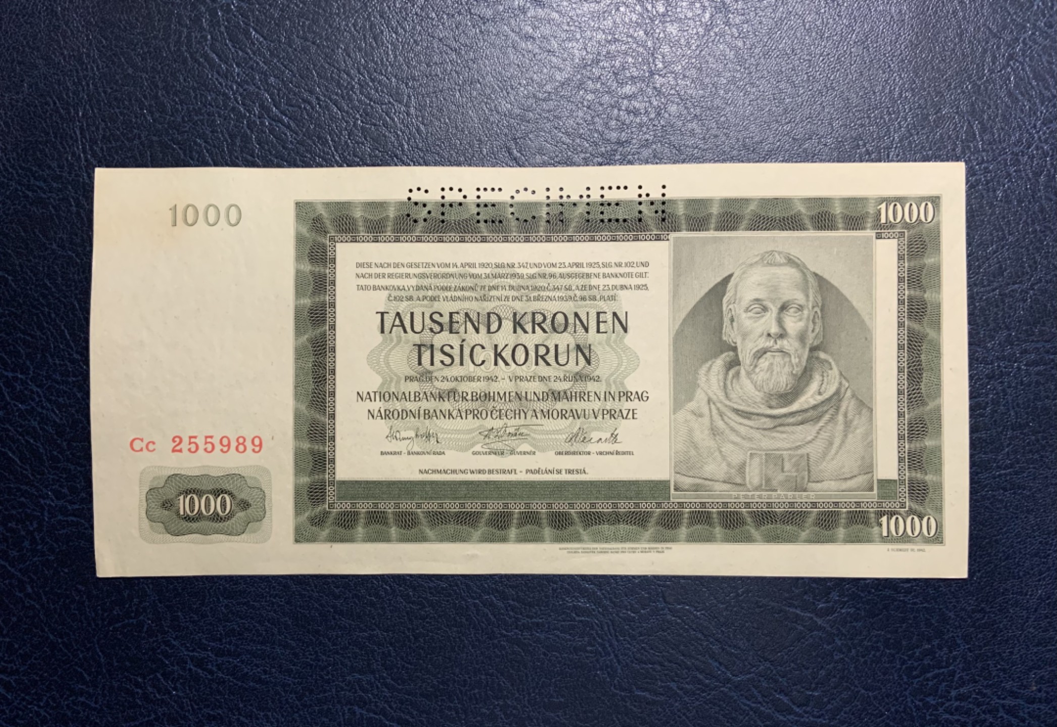 收藏联盟Quantum Auction 第235期拍卖 波西米亚和摩拉维亚1942年1000克朗样票 品相UNC- 查理大桥的设计者 建筑家 彼得帕德勒