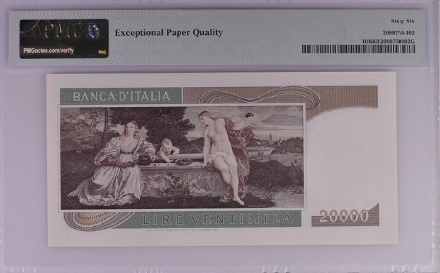 收藏联盟Quantum Auction 第235期拍卖 意大利1975年20000里拉 PMG66  号码无347尾8 文艺复兴时代的画家 提香 《天上的爱与人间的爱》