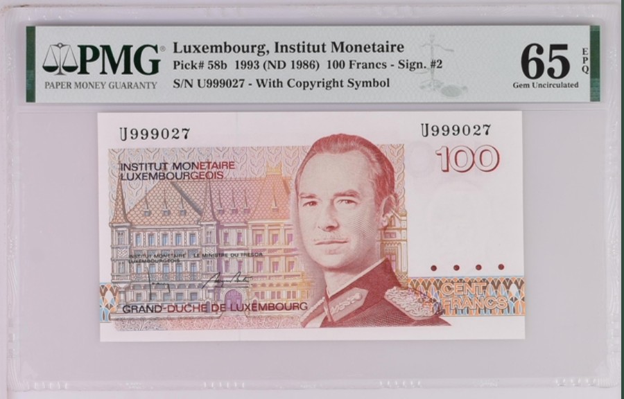 收藏联盟Quantum Auction 第235期拍卖 卢森堡1993年100法郎 PMG65 豹子号开头