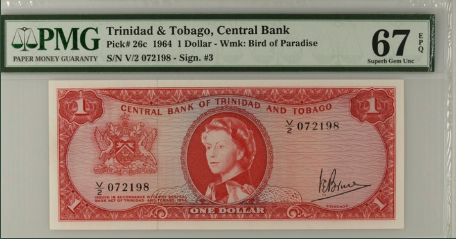 收藏联盟Quantum Auction 第235期拍卖 特立尼达和多巴哥1964年1元 PMG67