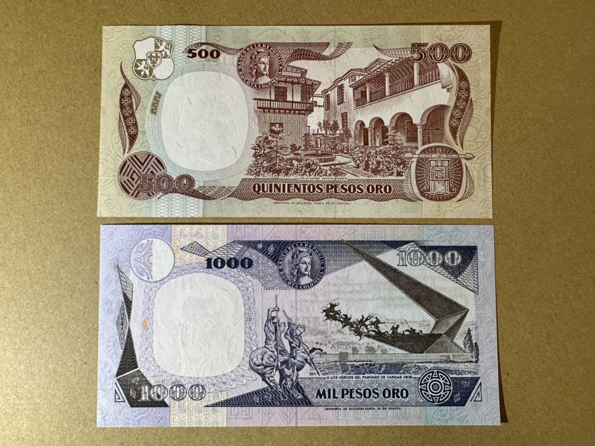 《张总收藏》91期——外币精品百拍 哥伦比亚500、1000比索2张 UNC 1993年版