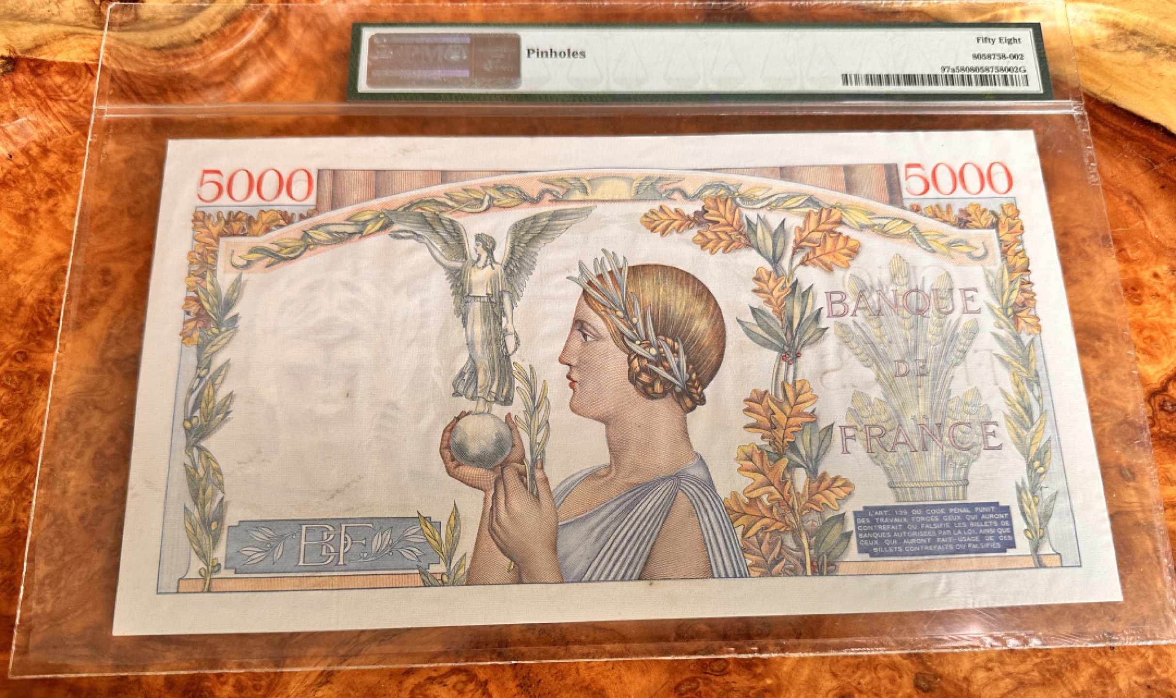 Chase Auction 第18期 - - 外钞、民国钞和人民币混合场！ 1938年法国5000法郎，自由女神，PMG58，豹子号！超大票幅！