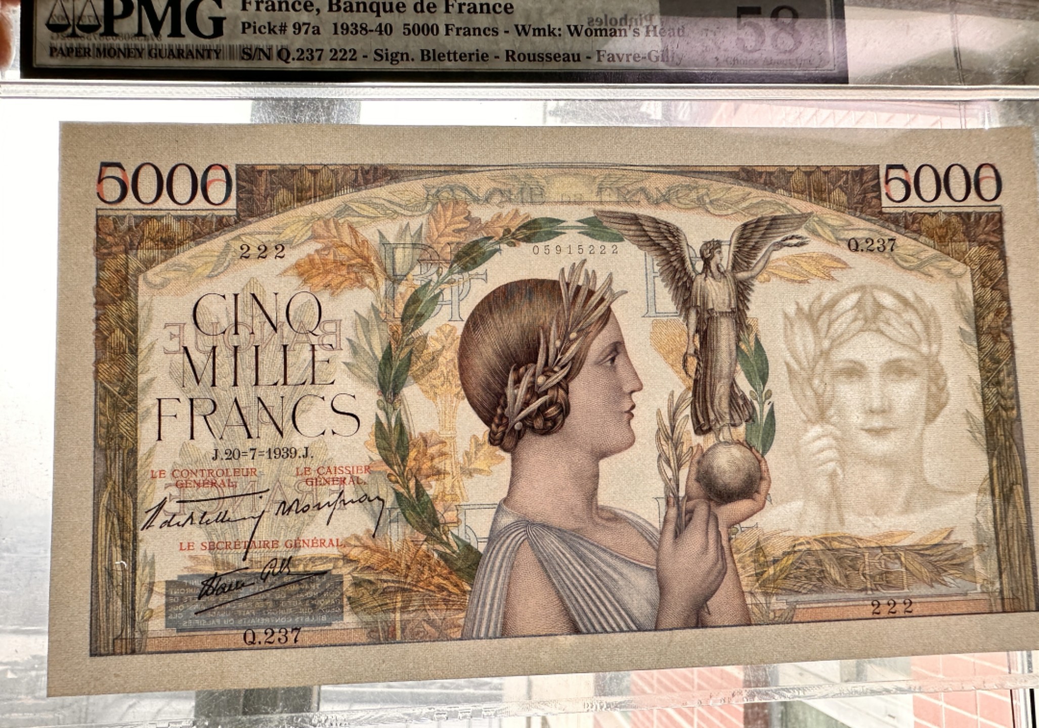 Chase Auction 第18期 - - 外钞、民国钞和人民币混合场！ 1938年法国5000法郎，自由女神，PMG58，豹子号！超大票幅！