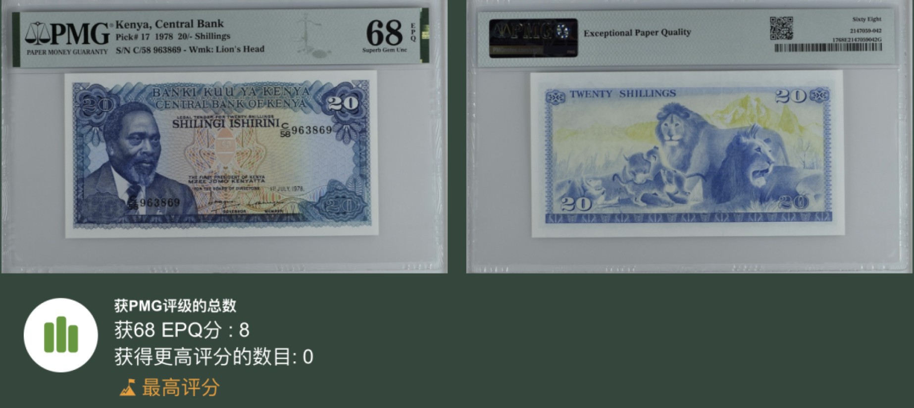 《张总收藏》91期——外币精品百拍 肯尼亚20先令 PMG68E 1978年 无47 冠军分