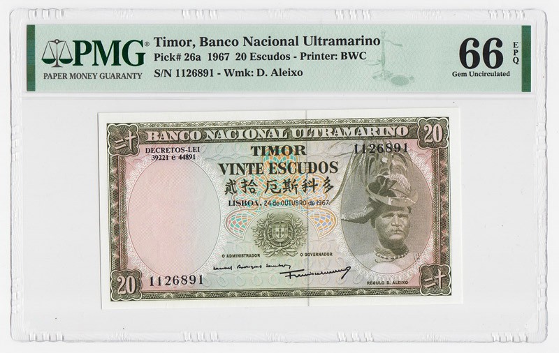 东帝汶1967年20埃斯库多亚洲纸币 中文字 外国钱币评级钞PMG66EPQ 东帝汶1967年20埃斯库多亚洲纸币 中文字 外国钱币评级钞PMG66EPQ