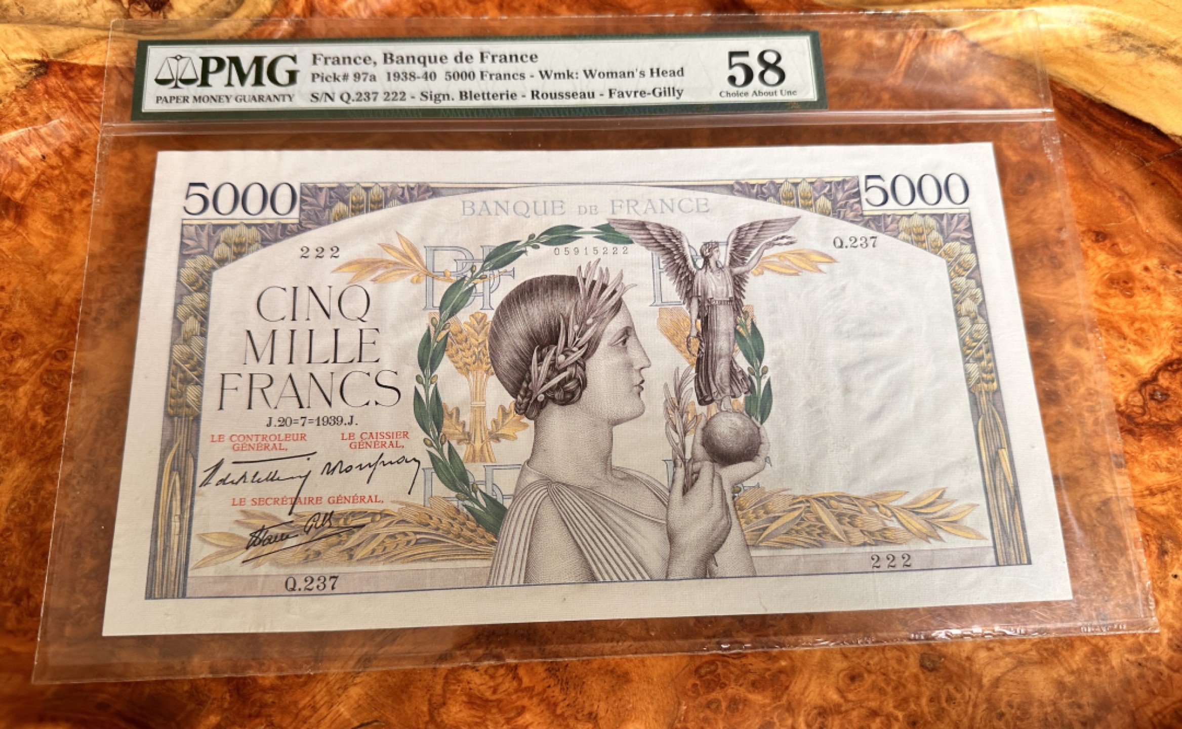 Chase Auction 第18期 - - 外钞、民国钞和人民币混合场！ 1938年法国5000法郎，自由女神，PMG58，豹子号！超大票幅！