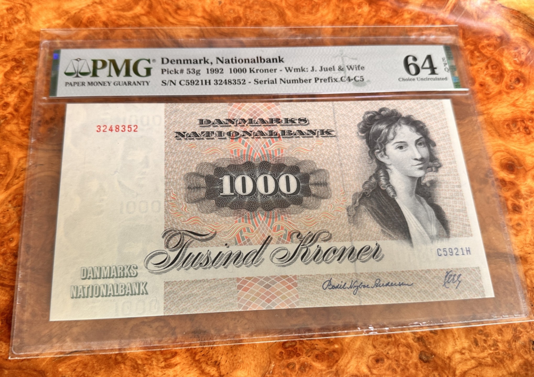 Chase Auction 第18期 - - 外钞、民国钞和人民币混合场！ 1992年丹麦1000克朗，PMG64e，大松鼠！