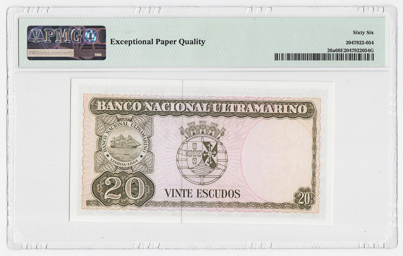 东帝汶1967年20埃斯库多亚洲纸币 中文字 外国钱币评级钞PMG66EPQ 东帝汶1967年20埃斯库多亚洲纸币 中文字 外国钱币评级钞PMG66EPQ