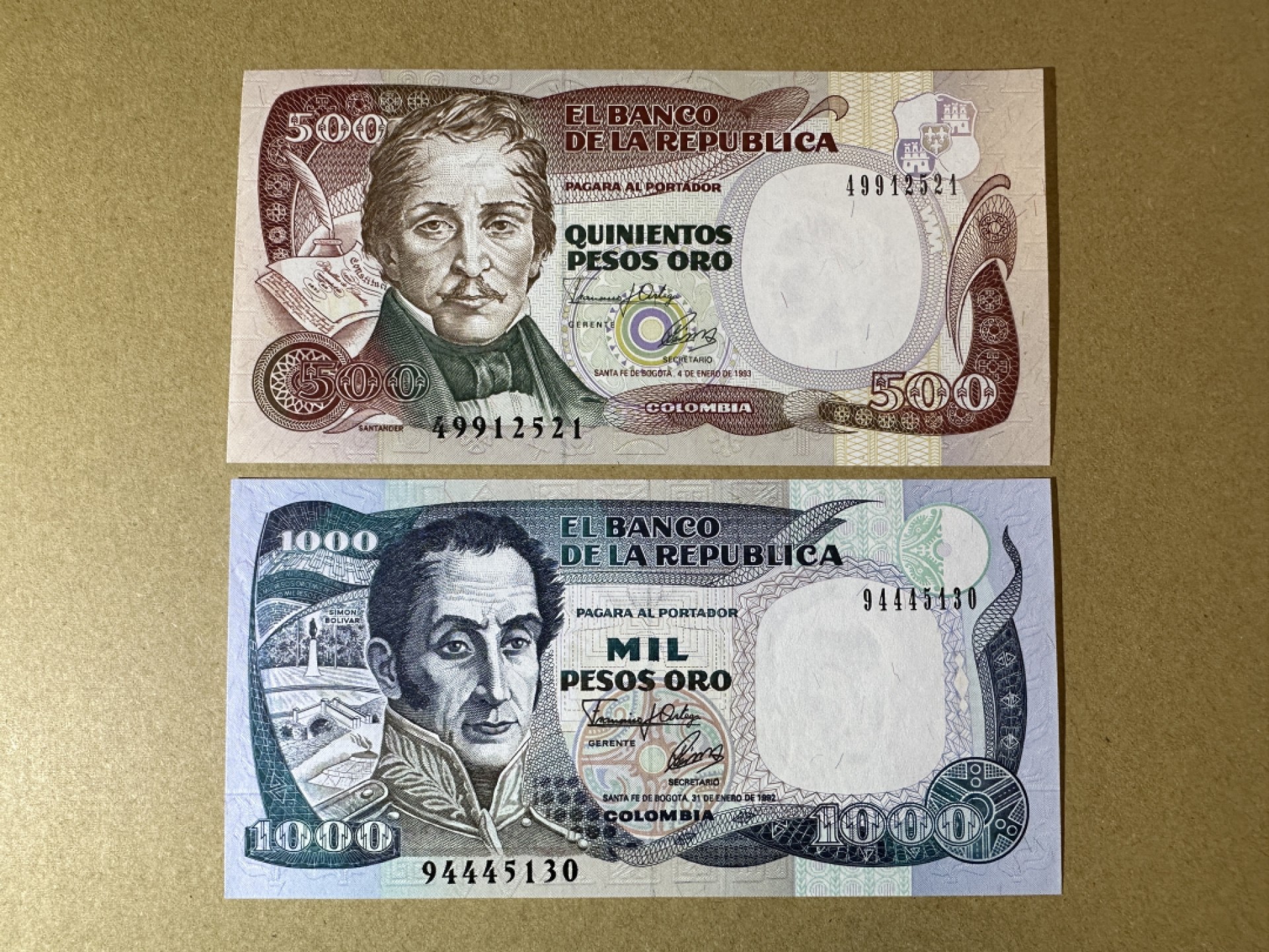 《张总收藏》91期——外币精品百拍 哥伦比亚500、1000比索2张 UNC 1993年版