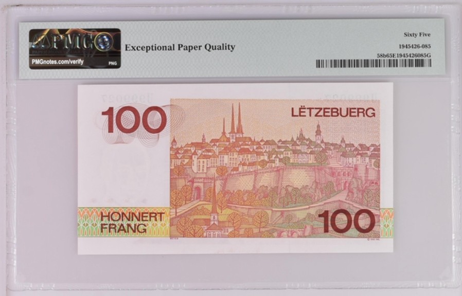 收藏联盟Quantum Auction 第235期拍卖 卢森堡1993年100法郎 PMG65 豹子号开头