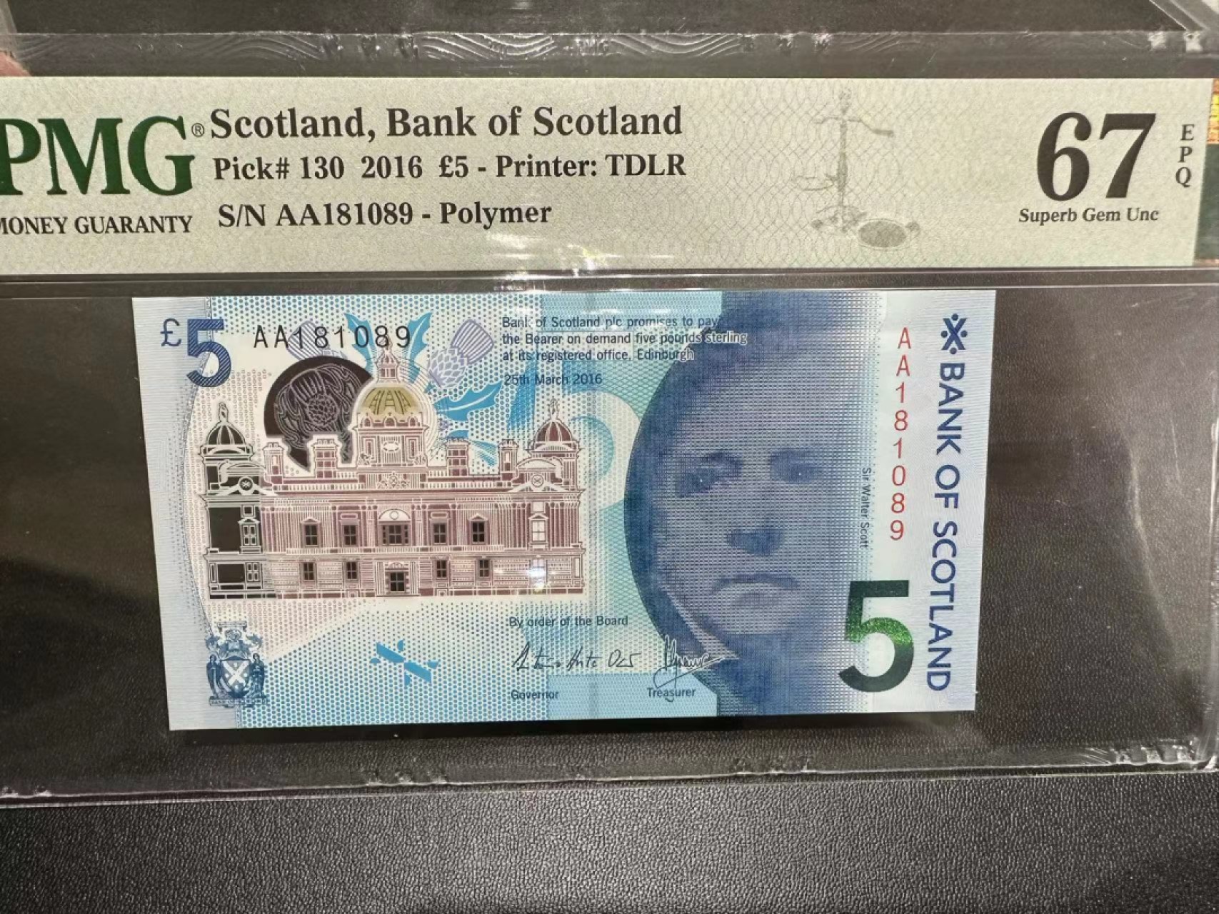 《外钞收藏家》第二百四十四期 连拍场二 2016年苏格兰5镑 PMG67 无47 AA冠