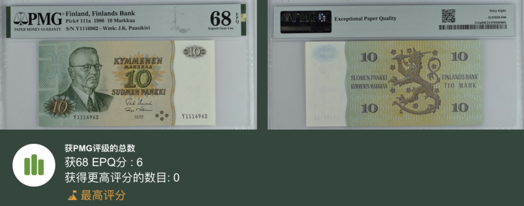 《张总收藏》91期——外币精品百拍 芬兰10马克 PMG68E 1980年版 无47 冠军分