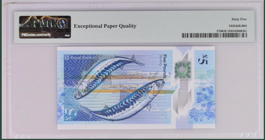 收藏联盟Quantum Auction 第235期拍卖 苏格兰皇家银行2016年5镑 PMG65 首发冠 号码无47