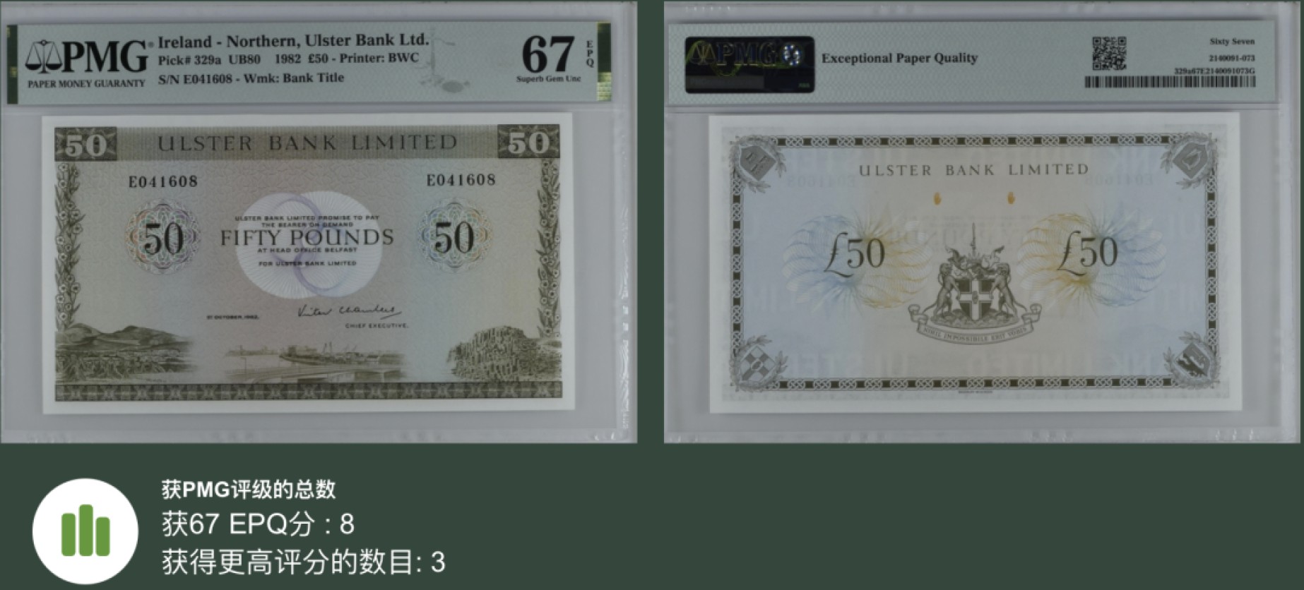 《张总收藏》91期——外币精品百拍 北爱尔兰50镑 PMG67E 1982年 阿尔斯特银行 亚军分