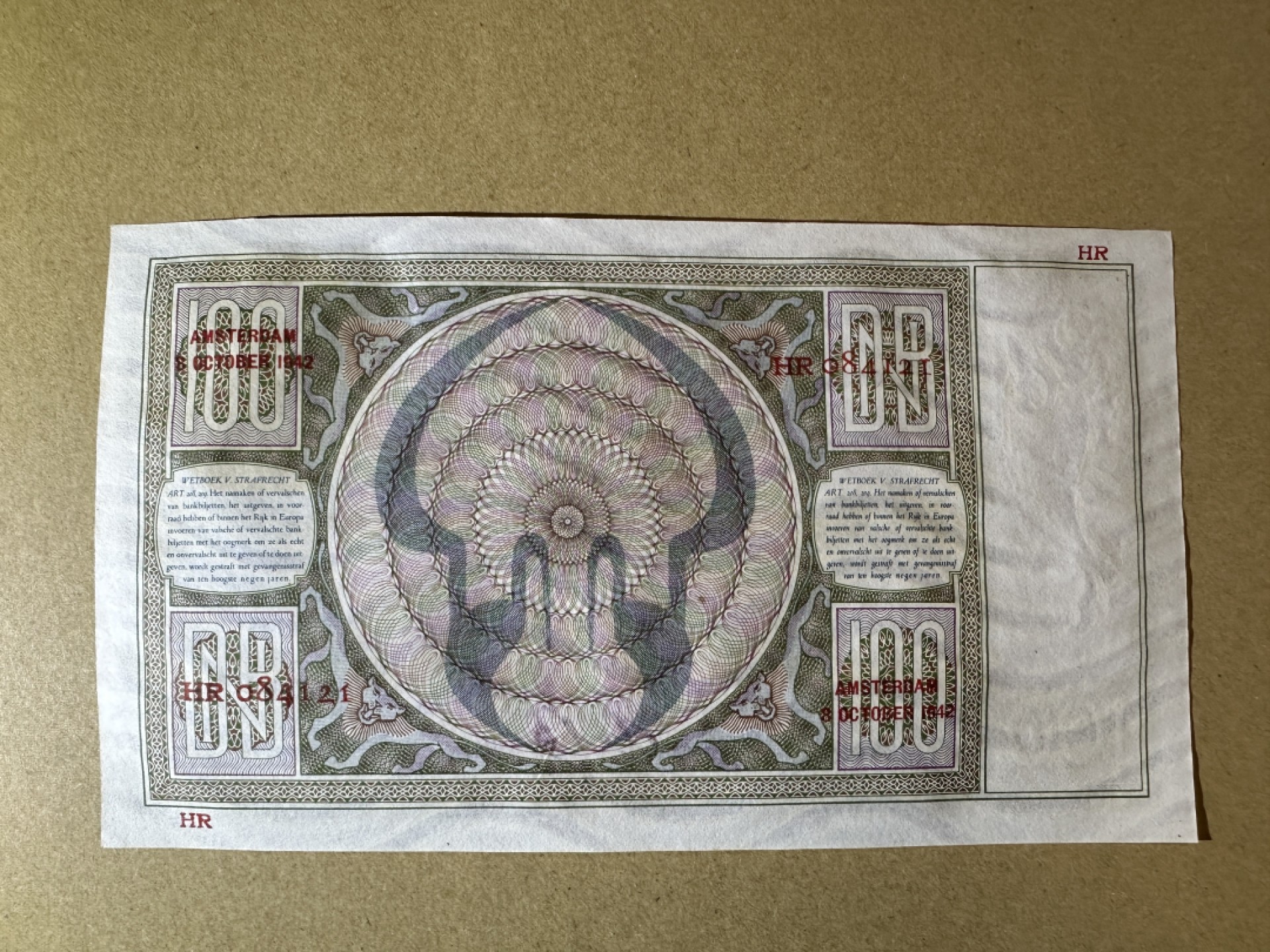 《张总收藏》91期——外币精品百拍 荷兰100盾 UNC 1942年 局部轻微荧光