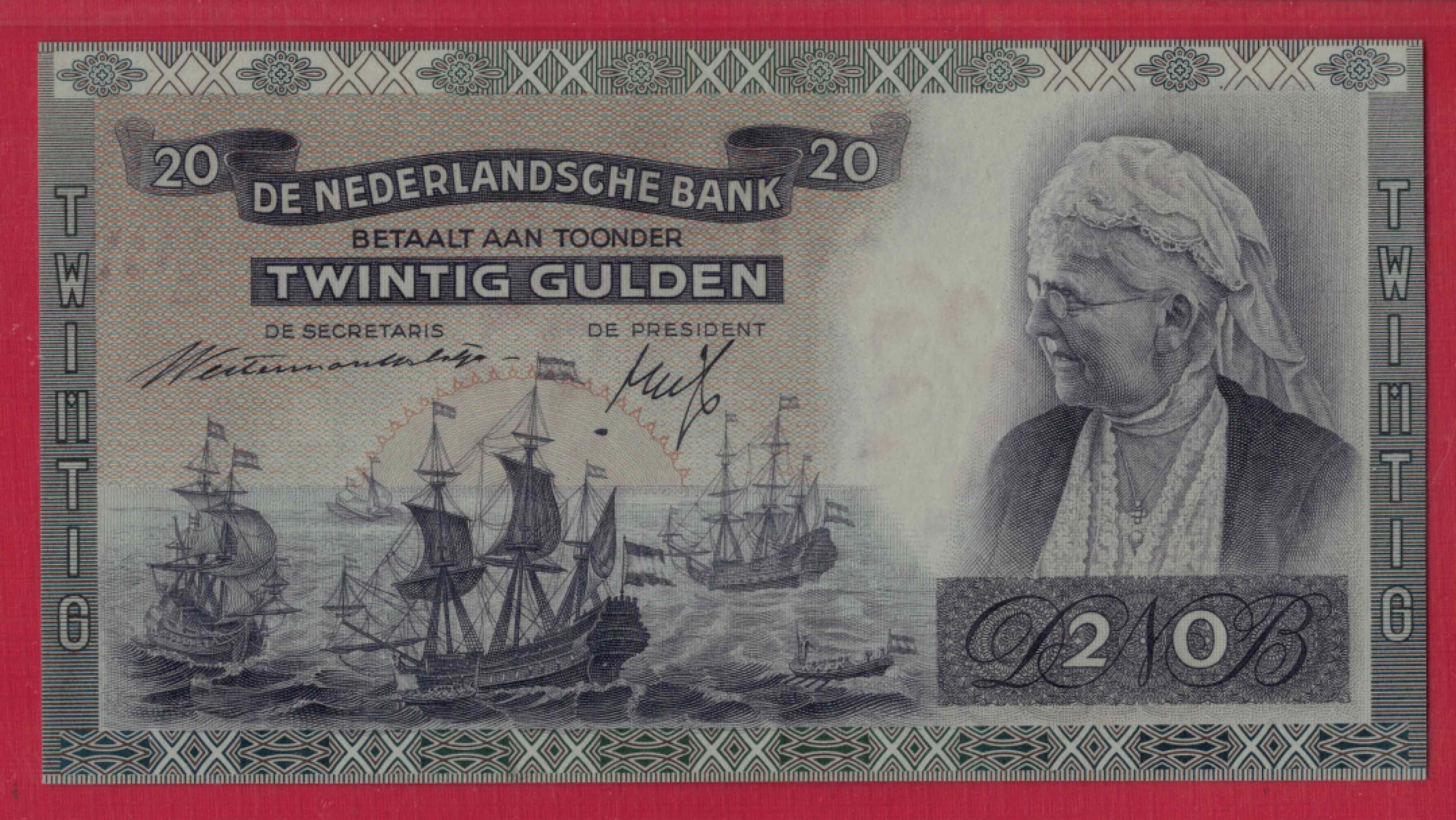荷兰20盾 1941年 P-54 欧洲纸币 实物图 UNC