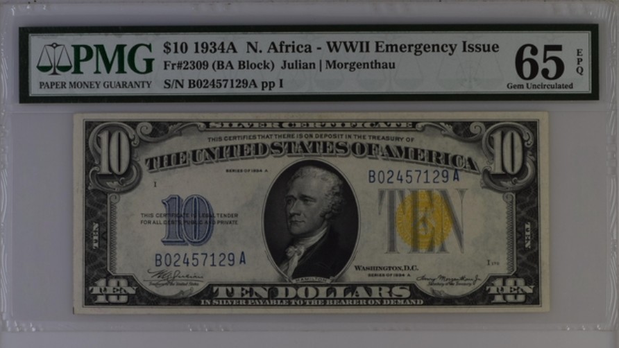 收藏联盟Quantum Auction 第235期拍卖 美国1934年10美元二战北非券 PMG65 该券种最高面值 稀少