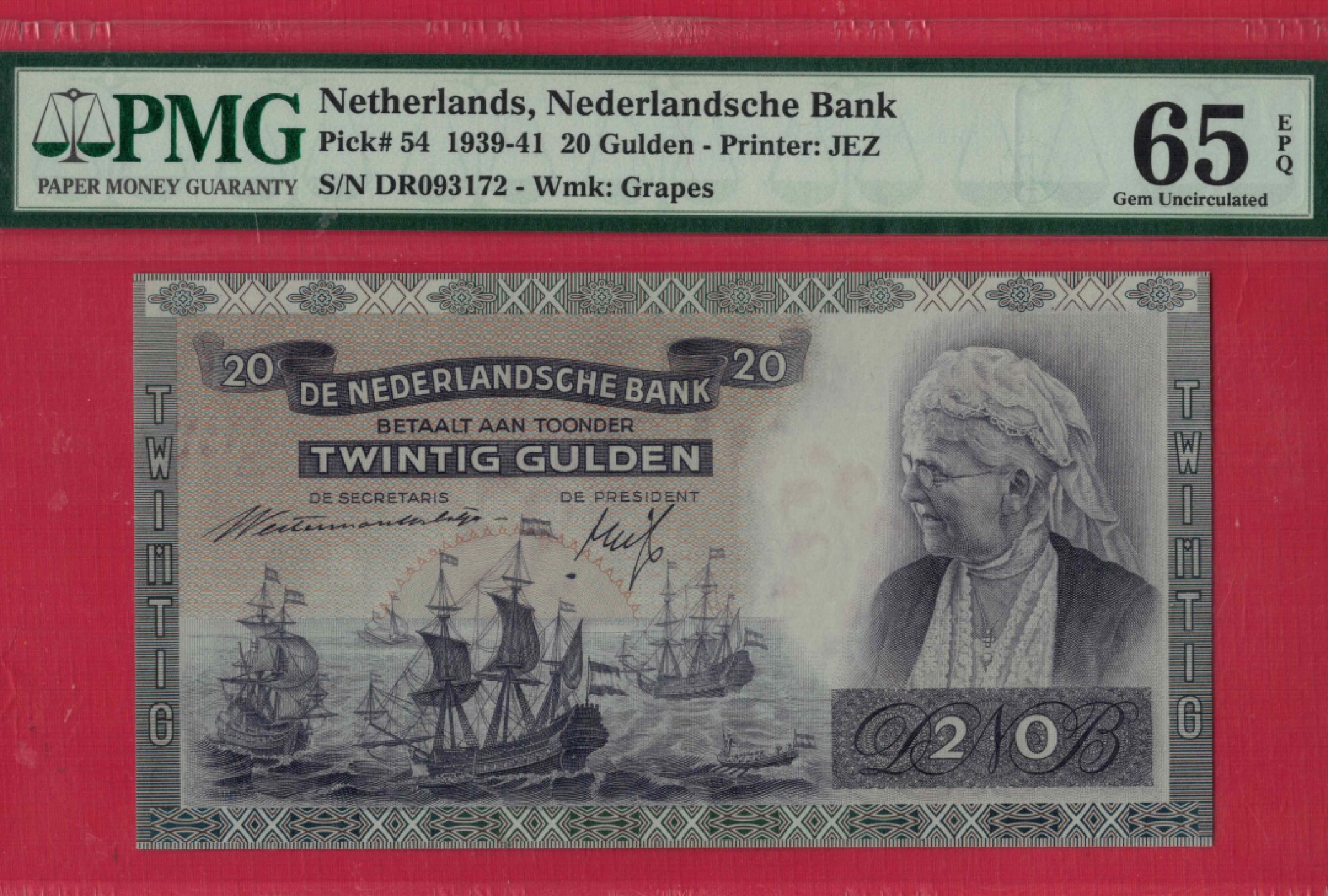 荷兰20盾 1941年 P-54 欧洲纸币 实物图 UNC