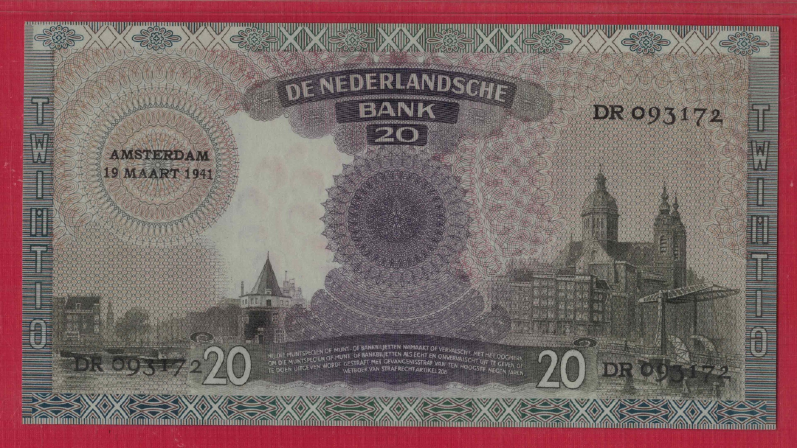 荷兰20盾 1941年 P-54 欧洲纸币 实物图 UNC