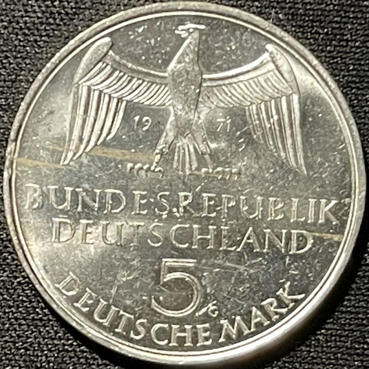 紫瑗钱币——第291期拍卖 联邦德国 1971年 G厂 德意志帝国建立100周年 5马克 11.2克 0.625克 UNC