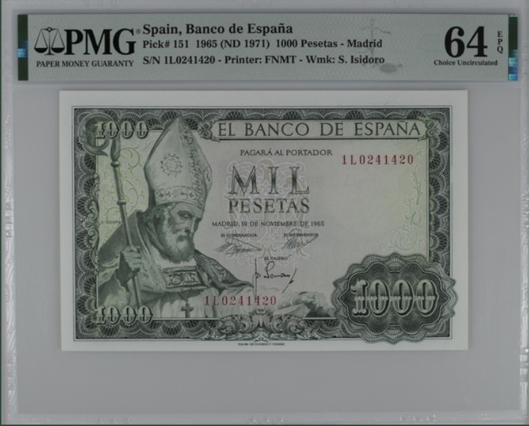收藏联盟Quantum Auction 第235期拍卖 西班牙1965年1000比塞塔 PMG64e 伊斯多罗