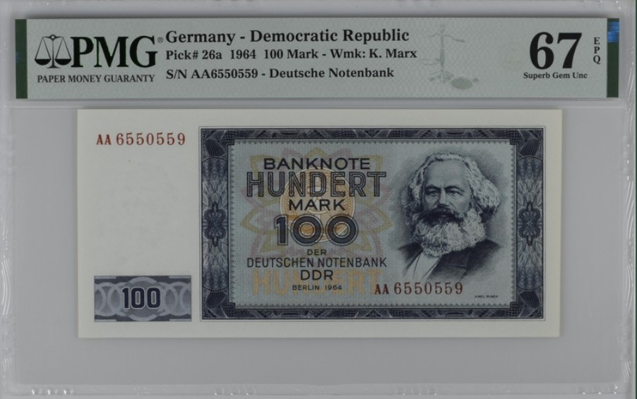 收藏联盟Quantum Auction 第235期拍卖 德国民主1964年100马克 PMG67 首发AA冠 号码无347 革命导师马克思和德国国门-勃兰登堡门