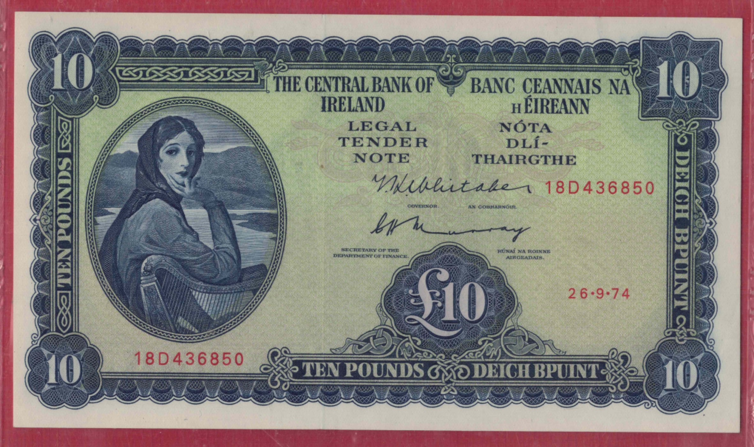 爱尔兰10镑 1974年 P-66c 大票幅 实物图 欧洲纸币 UNC