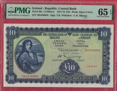 爱尔兰10镑 1974年 P-66c 大票幅 实物图 欧洲纸币 UNC - 爱尔兰10镑 1974年 P-66c 大票幅 实物图 欧洲纸币 UNC