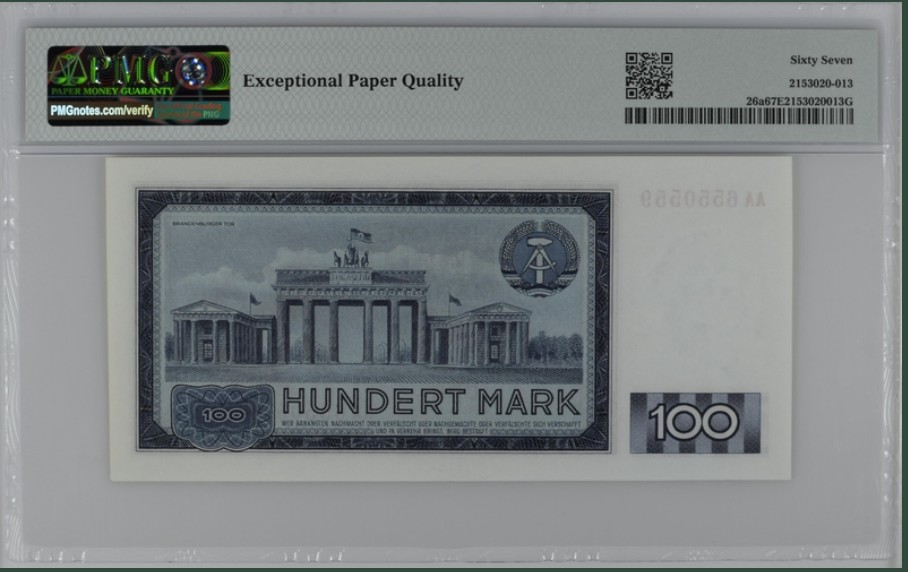 收藏联盟Quantum Auction 第235期拍卖 德国民主1964年100马克 PMG67 首发AA冠 号码无347 革命导师马克思和德国国门-勃兰登堡门