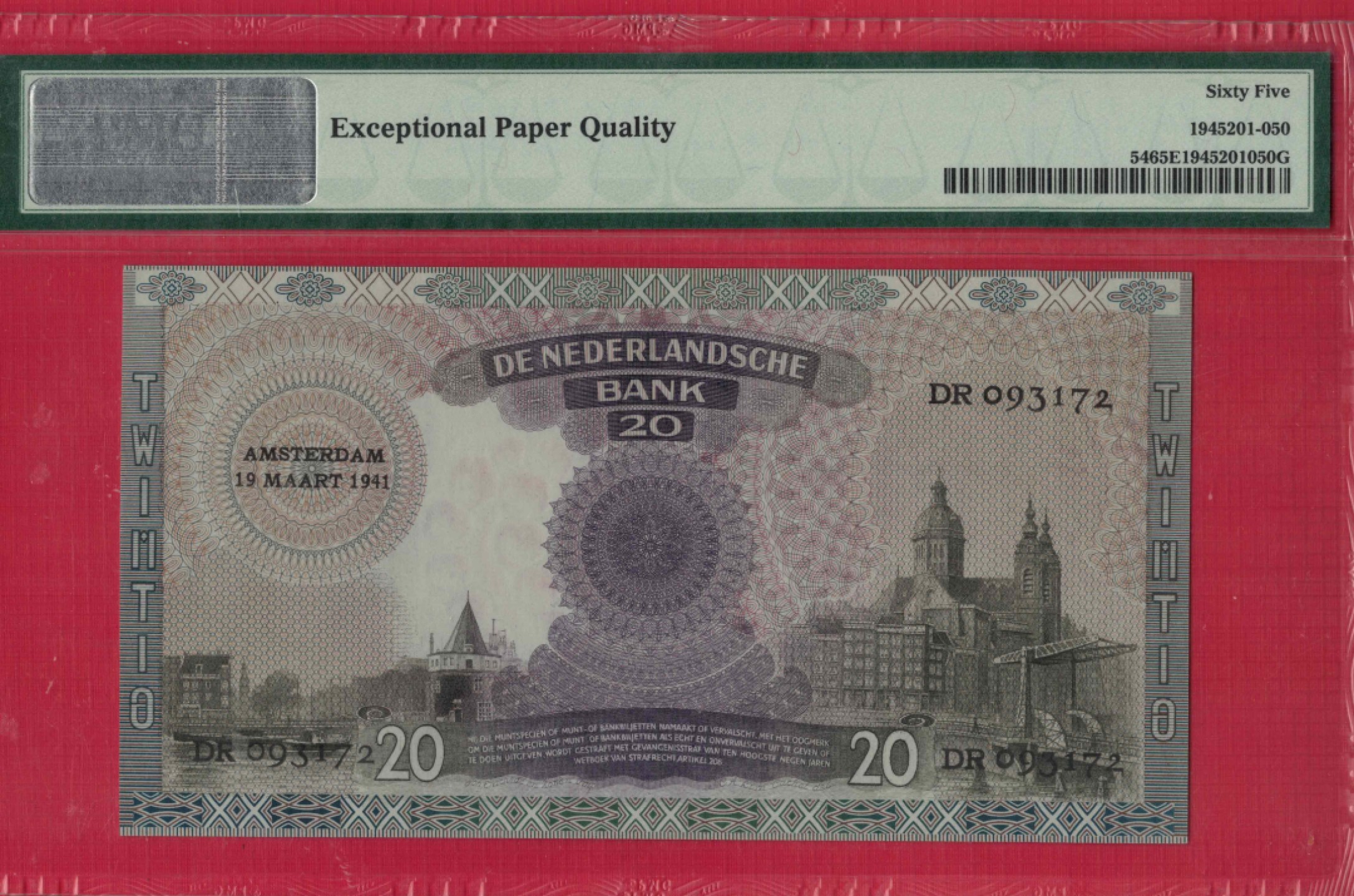 荷兰20盾 1941年 P-54 欧洲纸币 实物图 UNC