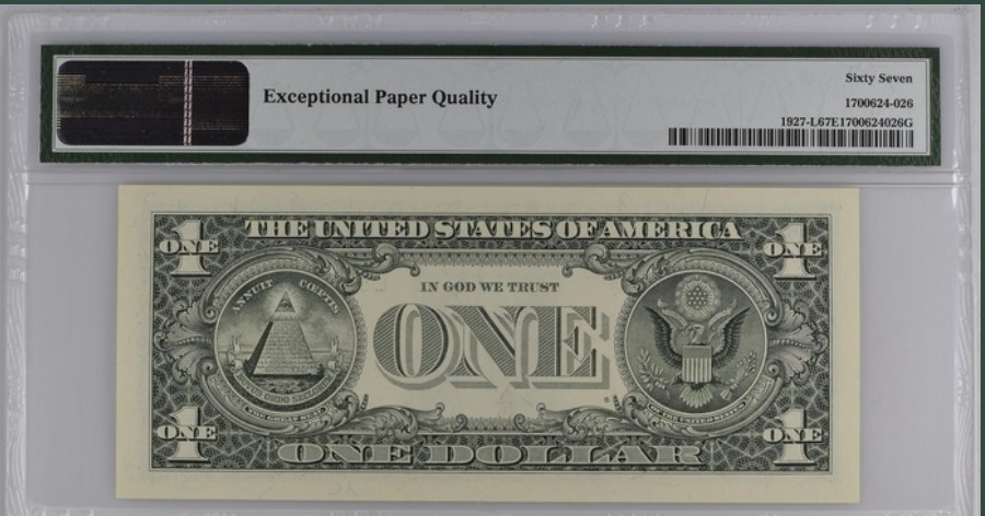 收藏联盟Quantum Auction 第235期拍卖 美国2001年1元 PMG67 狮子号 豹子身 号码无347 数2号码