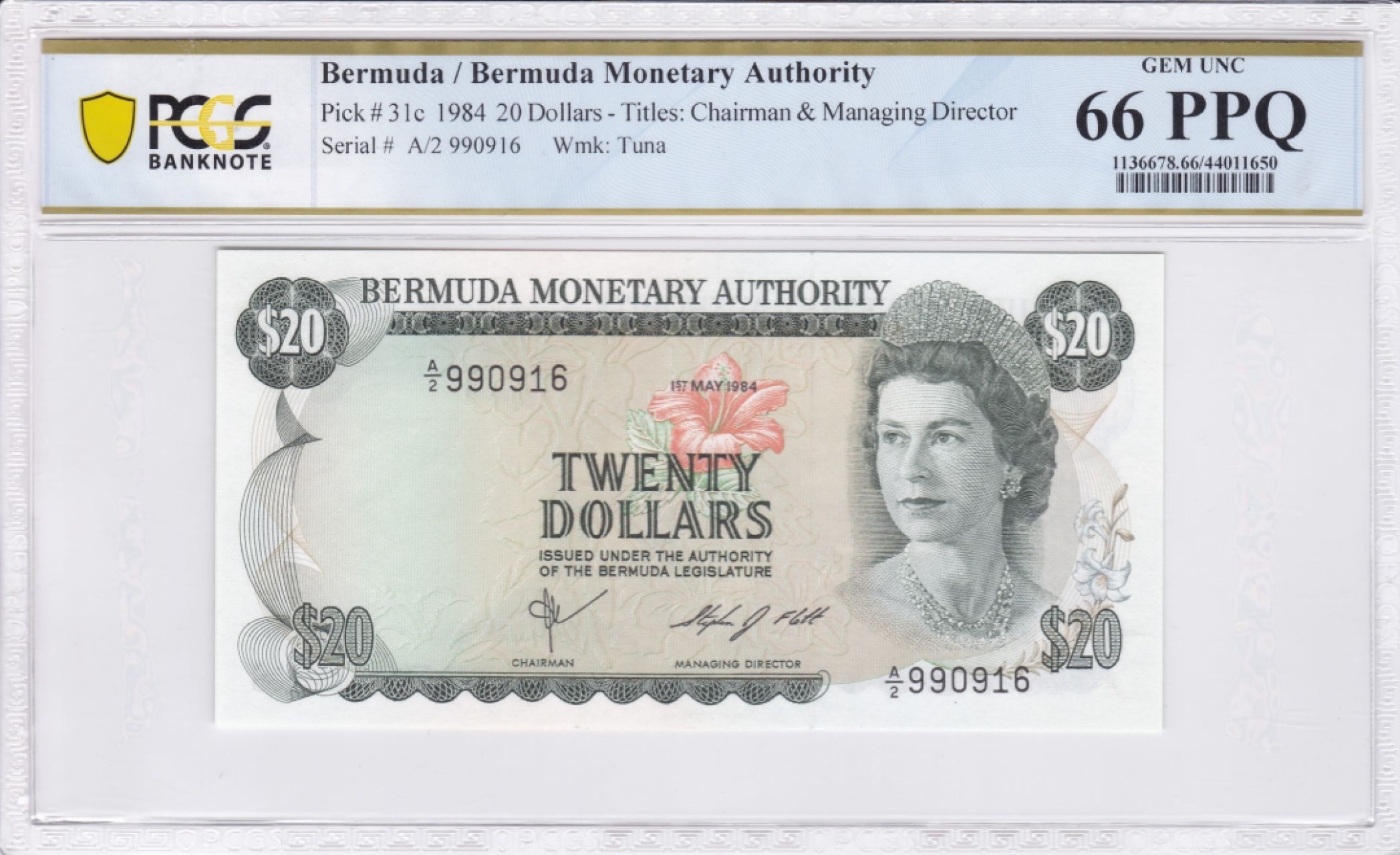 收藏联盟Quantum Auction 第236期拍卖 百慕大1984年20元 PCGS66 号码无3457 倒置号 