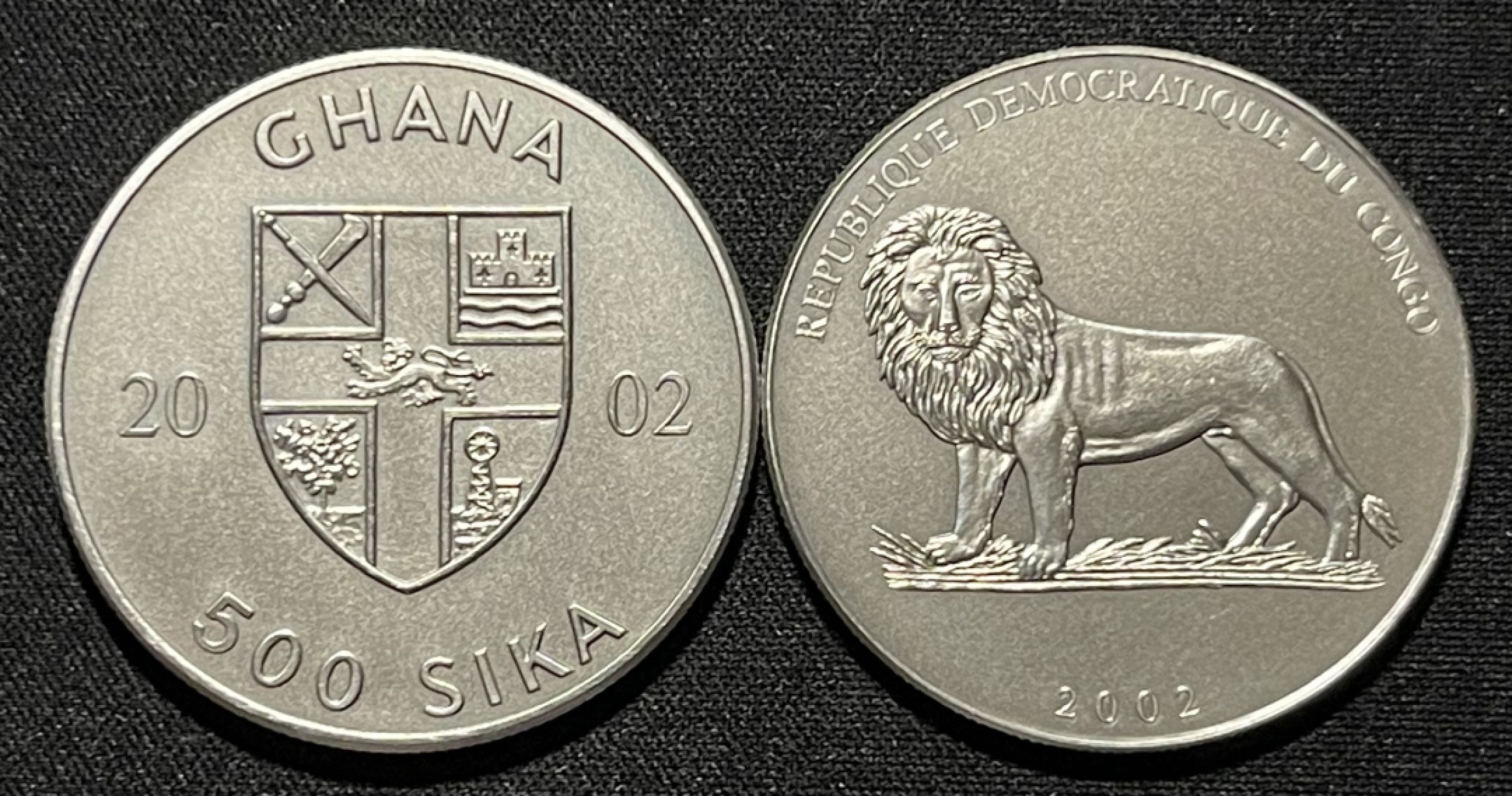 紫瑗钱币——第264期拍卖 刚果 加纳 2002年 联合发行 雅典奥运会 铁饼 10法郎 500塞地 阴阳币 共62.2克 0.999银