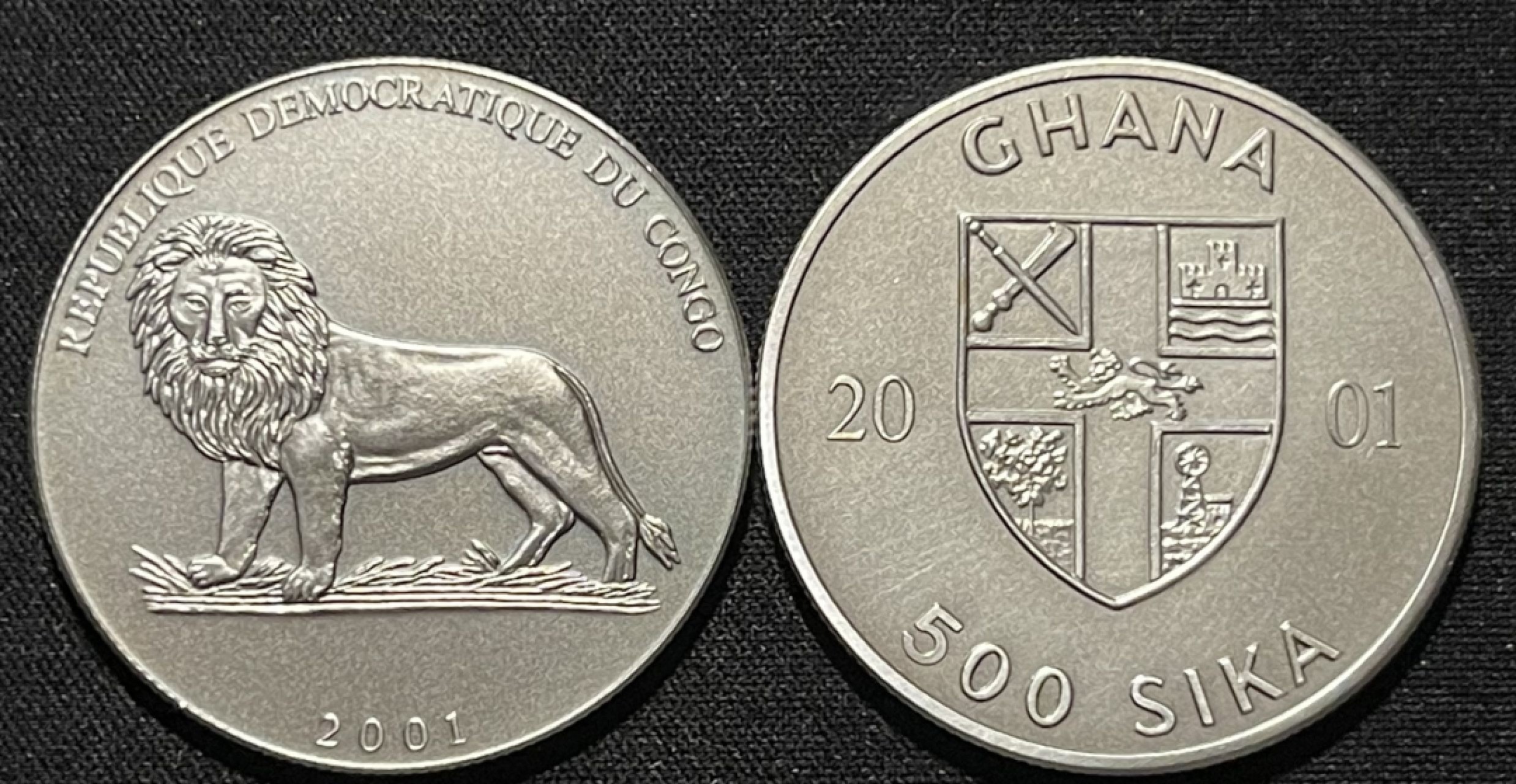 紫瑗钱币——第264期拍卖 刚果 加纳 2001年 联合发行 雅典奥运会 古代战车 10法郎 500塞地 阴阳币 共62.2克 0.999银