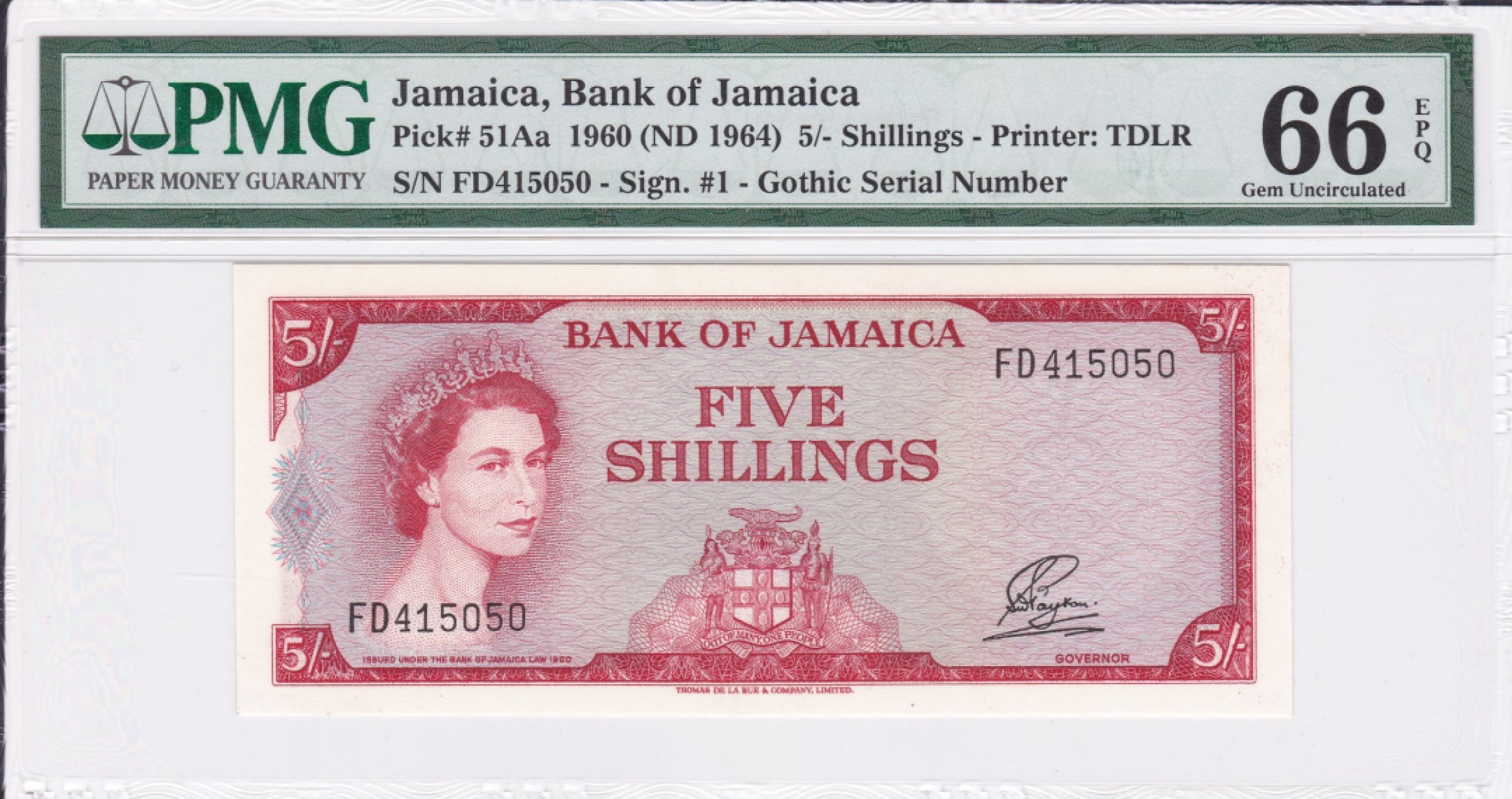 收藏联盟Quantum Auction 第236期拍卖 牙买加1964年5先令 PMG66