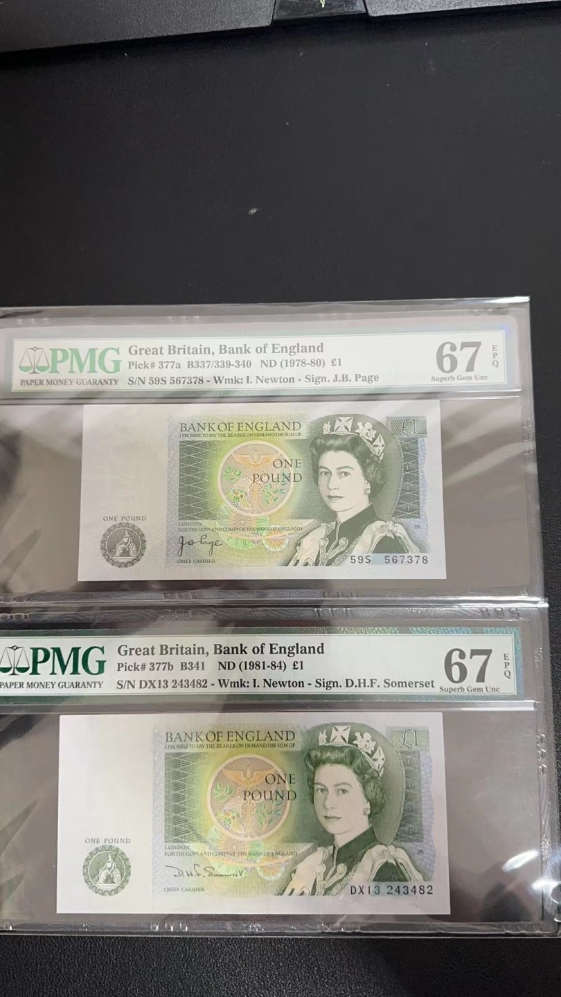 收藏联盟Quantum Auction 第236期拍卖 英国1978-84年1镑 PMG67 a和b版一对 物理学家牛顿