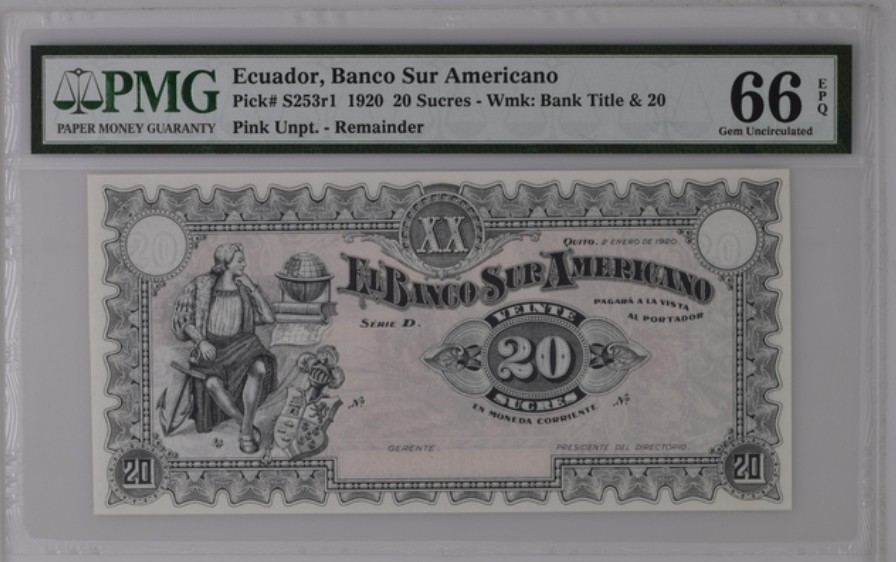 收藏联盟Quantum Auction 第236期拍卖 厄瓜多尔1920年20苏克雷 PMG66 