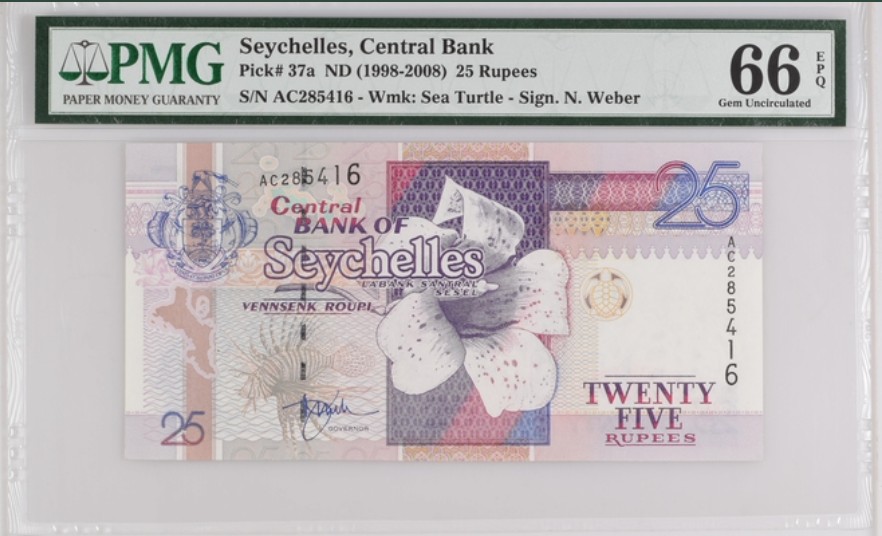 收藏联盟Quantum Auction 第236期拍卖 塞舌尔1998-2008年25卢比 PMG66