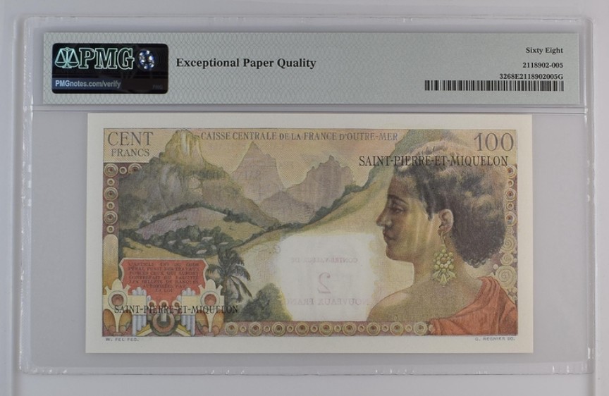 收藏联盟Quantum Auction 第236期拍卖 圣皮埃尔和密克隆1963年2法郎 PMG68 号码无47 
