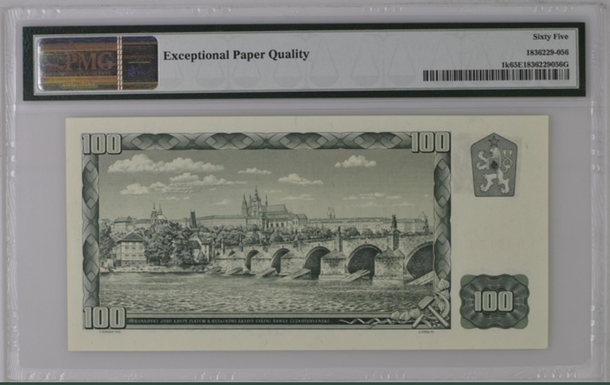 收藏联盟Quantum Auction 第236期拍卖 捷克1993年100克朗 PMG65 加贴 背面为捷克地标性建筑 查理大桥
