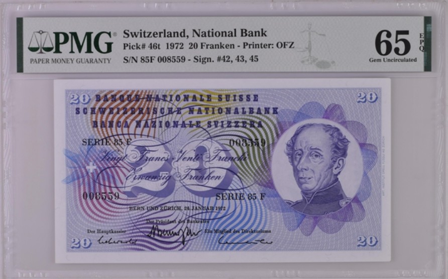 收藏联盟Quantum Auction 第236期拍卖 瑞士1972年20法郎 PMG65 