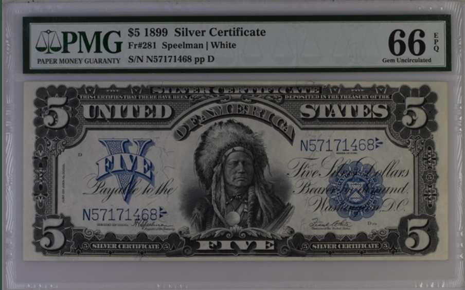 收藏联盟Quantum Auction 第236期拍卖 美国1899年5美元银币券 PMG66 酋长券 精品老美元