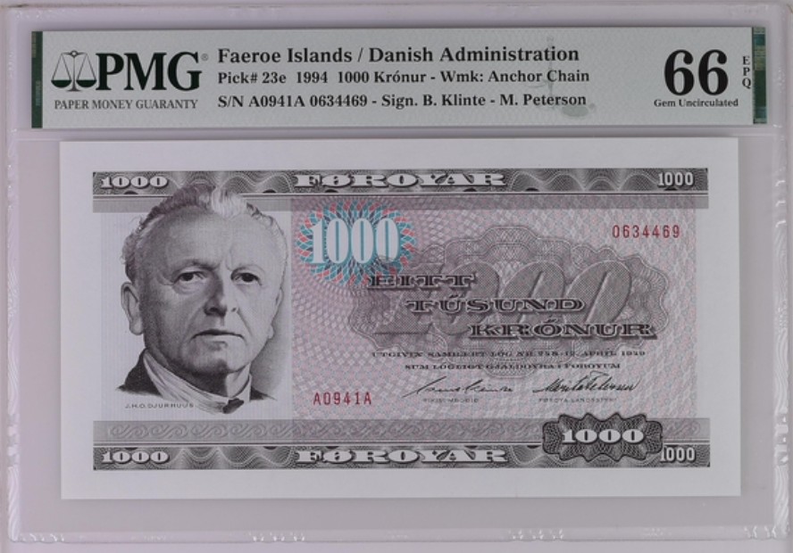 收藏联盟Quantum Auction 第236期拍卖 法罗群岛1994年1000克朗 PMG66 首发冠 A0_A