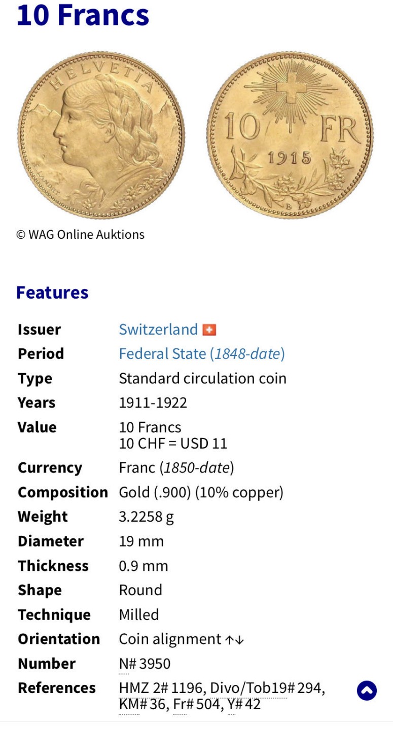 收藏联盟Quantum Auction 第236期拍卖 瑞士1916年10法郎金币  NGC64 金重3.2258g 纯度90%