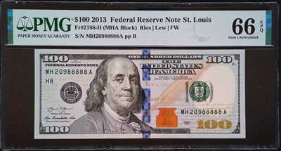 《家喻户晓》世界靓号纸钞第十二期 - 2013美国100美元 无347老虎号88888 PMG66 居中很好 莫名其妙给了66