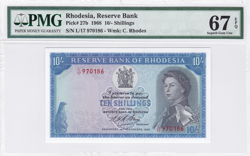 收藏联盟Quantum Auction 第237期拍卖 罗得西亚1968年10先令 PMG67 烟草田