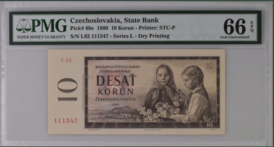 收藏联盟Quantum Auction 第237期拍卖 捷克斯洛伐克1960年10克朗 PMG66 豹子号开头