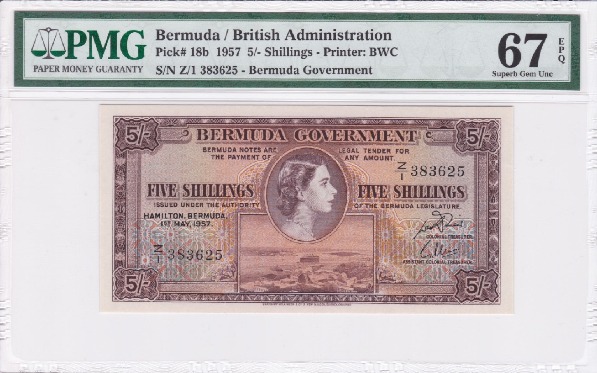 收藏联盟Quantum Auction 第237期拍卖 百慕大群岛1957年5先令 PMG67 早期b版