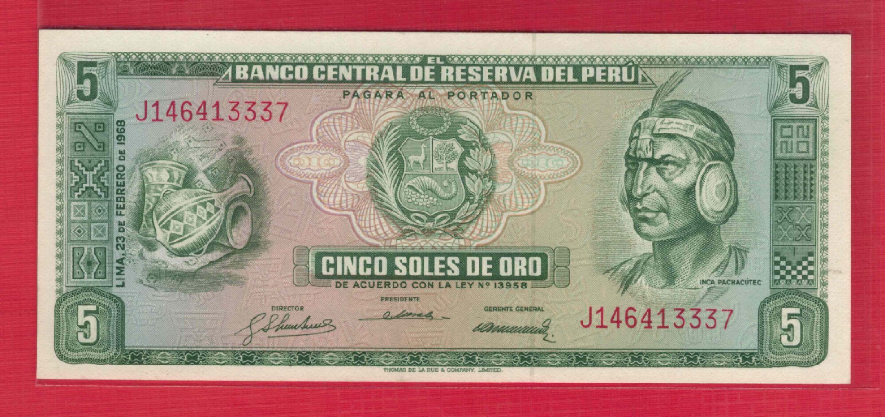 秘鲁5索尔(沙奥) 1968年 P-92 美洲纸币 实物图 UNC