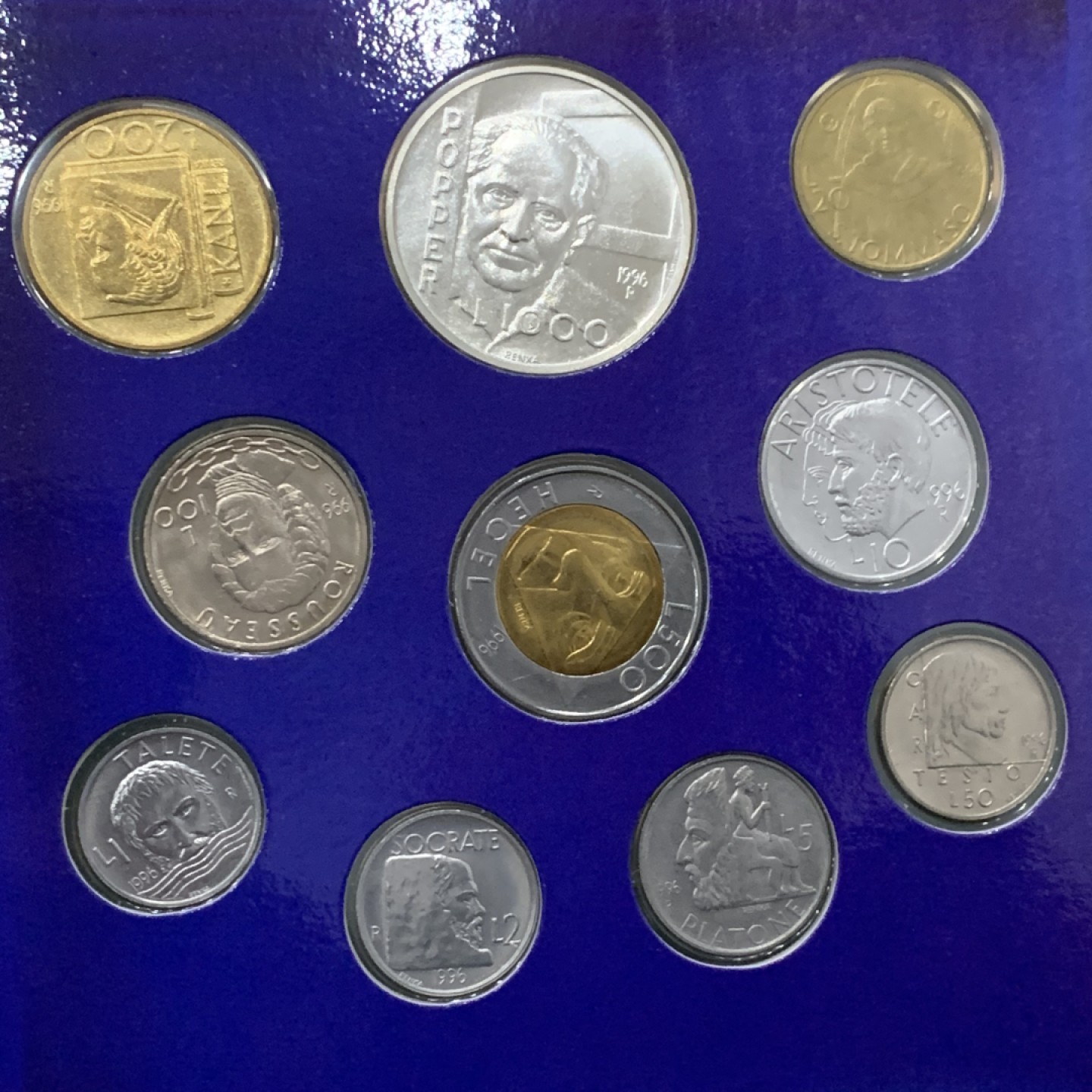 《竞宝斋》第140场-周日，周一，周四 3拍 (全场包邮) 圣马力诺 1996年 十枚套 不同面值 最大枚是银币1000里拉 原厂封装 非常漂亮